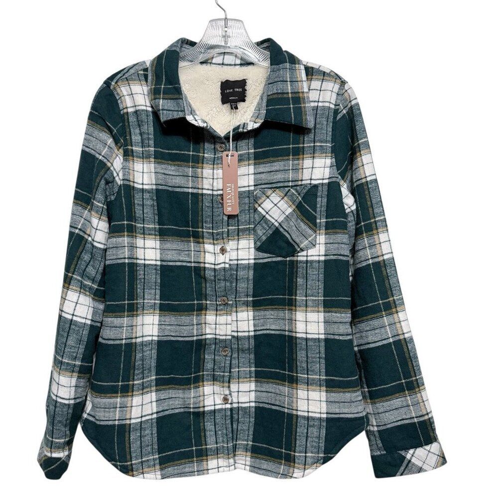 Love Tree Faux Fur Lined Flannel Shirt Shacket Size Medium Green Plaid NWT - Picture 1 of 5
